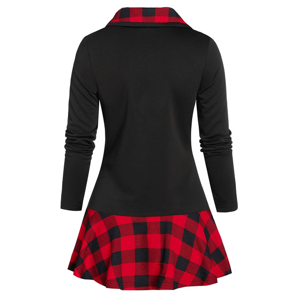 Plaid Print Mock Button Ruffle Hem T-shirt