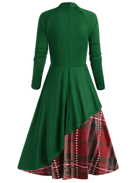 Plaid Contrast Bowknot Long Sleeves Overlay Dress