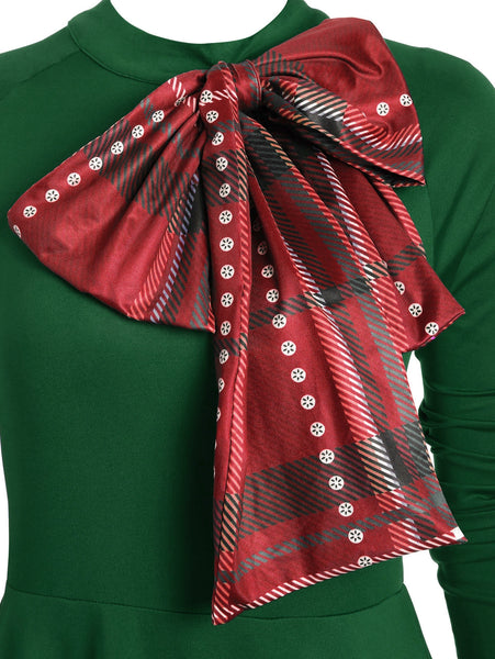 Plaid Contrast Bowknot Long Sleeves Overlay Dress