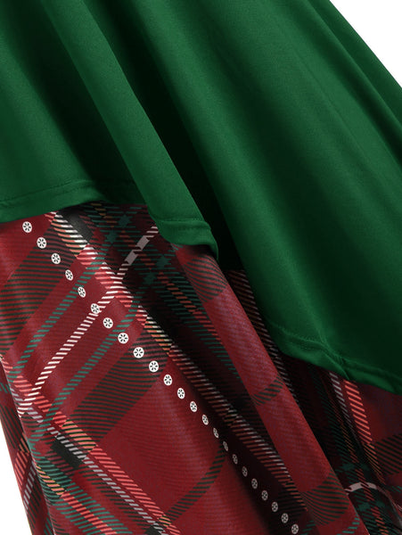 Plaid Contrast Bowknot Long Sleeves Overlay Dress