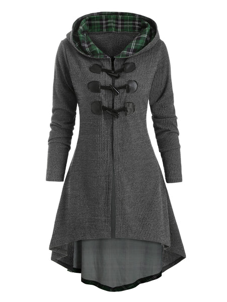 Plaid Hooded Horn Button Lace Up Dip Hem Cardigan