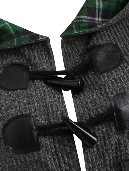 Plaid Hooded Horn Button Lace Up Dip Hem Cardigan