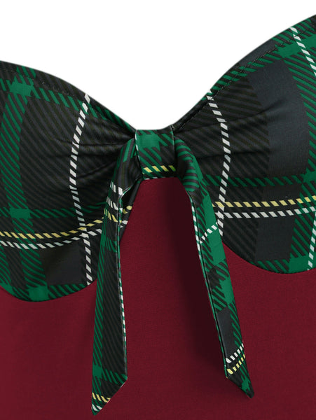 Plaid Button Embellished Bowknot Sweetheart Dress for Women