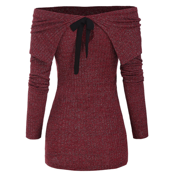 Folded Cowl Neck Bowknot Metallic Thread Knitwear