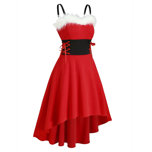 Christmas Faux Fur Panel Lace Up Dip Hem Dress