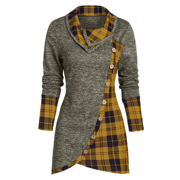 Plaid Print Mock Button Long Sleeve Overlap T-shirt
