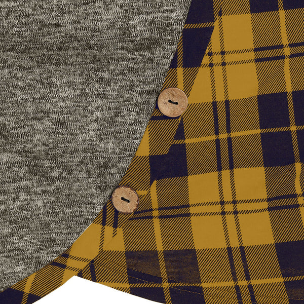 Plaid Print Mock Button Long Sleeve Overlap T-shirt