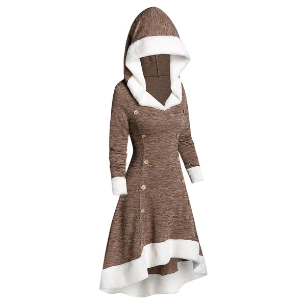 Hooded Faux Fur Trim Mock Button High Low Midi Dress