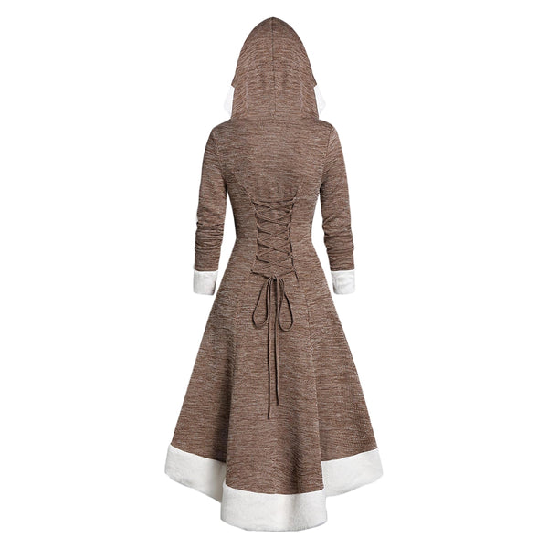 Hooded Faux Fur Trim Mock Button High Low Midi Dress
