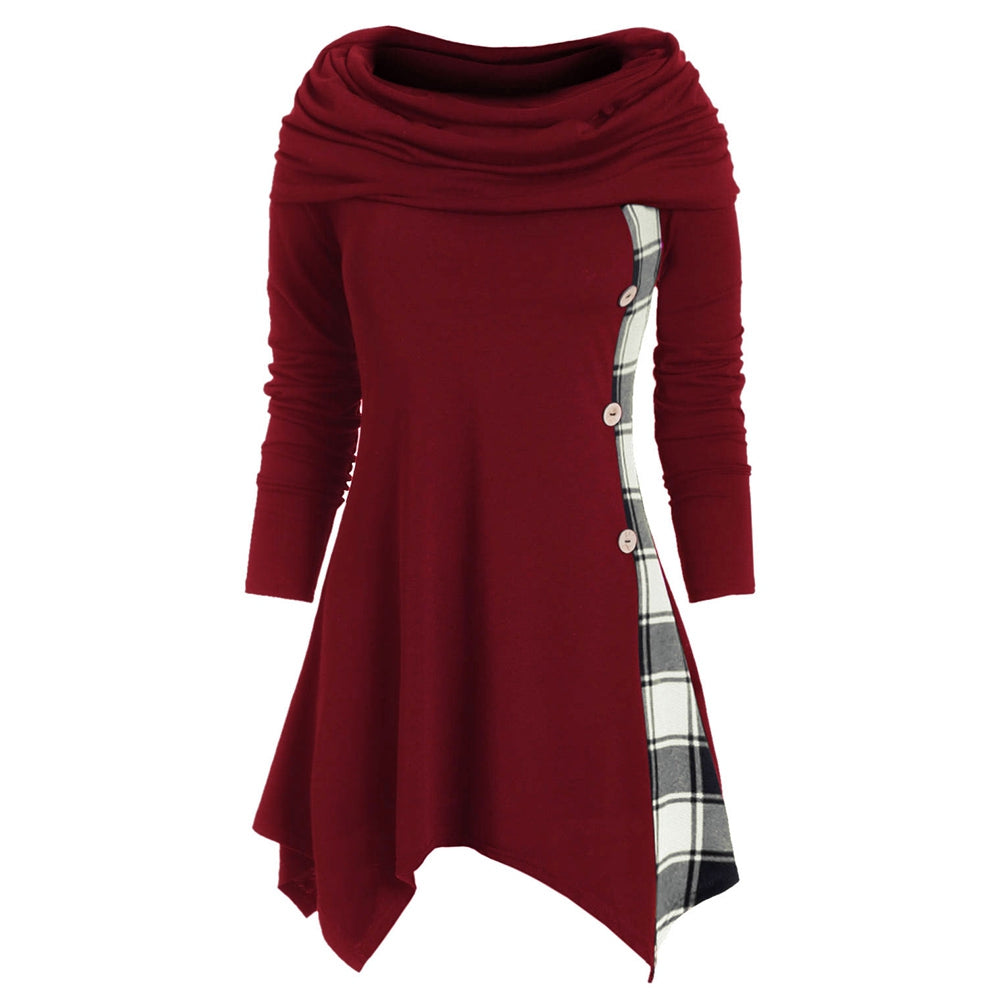 Plaid Convertible Neck Mock Button Handkerchief T-shirt