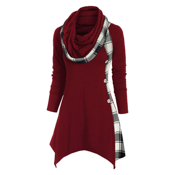 Plaid Convertible Neck Mock Button Handkerchief T-shirt