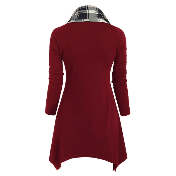 Plaid Convertible Neck Mock Button Handkerchief T-shirt
