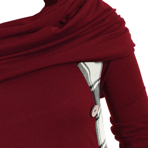 Plaid Convertible Neck Mock Button Handkerchief T-shirt