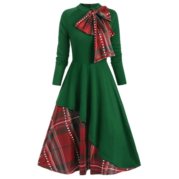 Plaid Contrast Bowknot Long Sleeves Overlay Dress