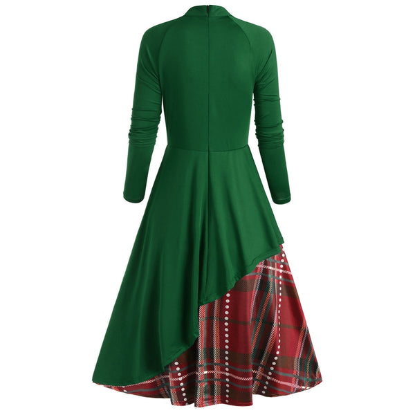 Plaid Contrast Bowknot Long Sleeves Overlay Dress
