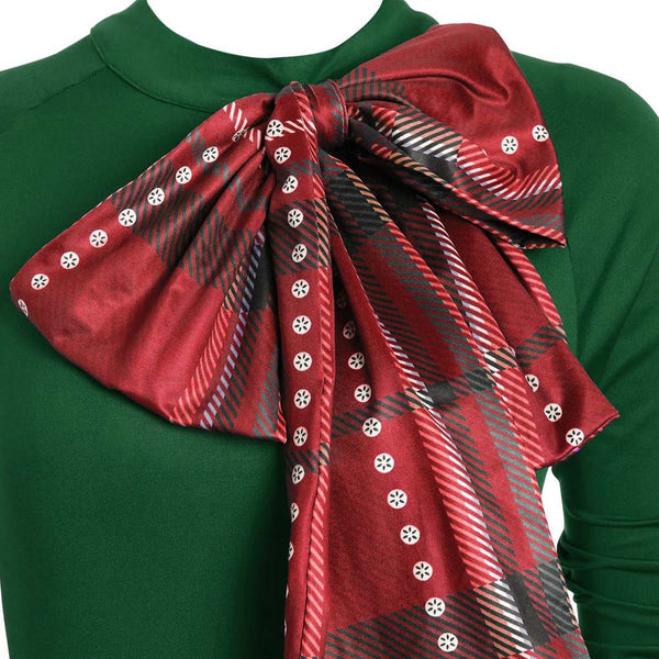 Plaid Contrast Bowknot Long Sleeves Overlay Dress