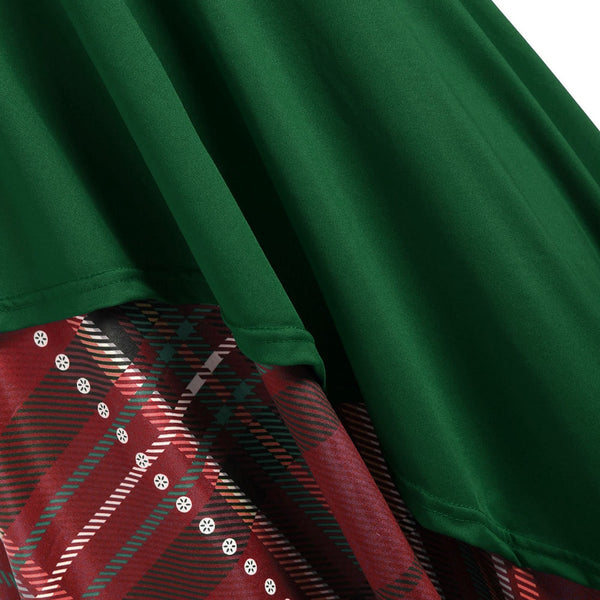 Plaid Contrast Bowknot Long Sleeves Overlay Dress