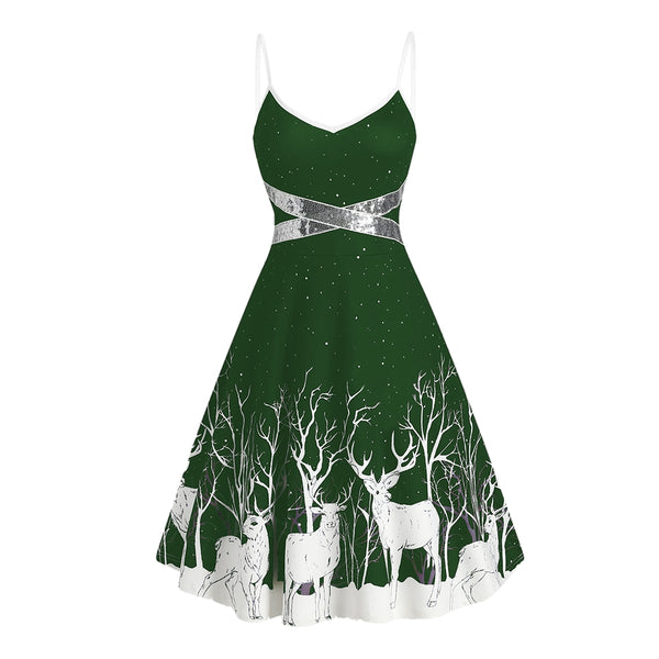 Sequined Reindeer Print Mini Cami Dress