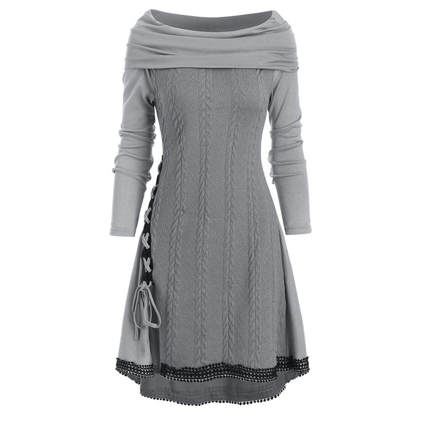 Cowl Neck Lace Up Guipure Panel Longline Knitwear