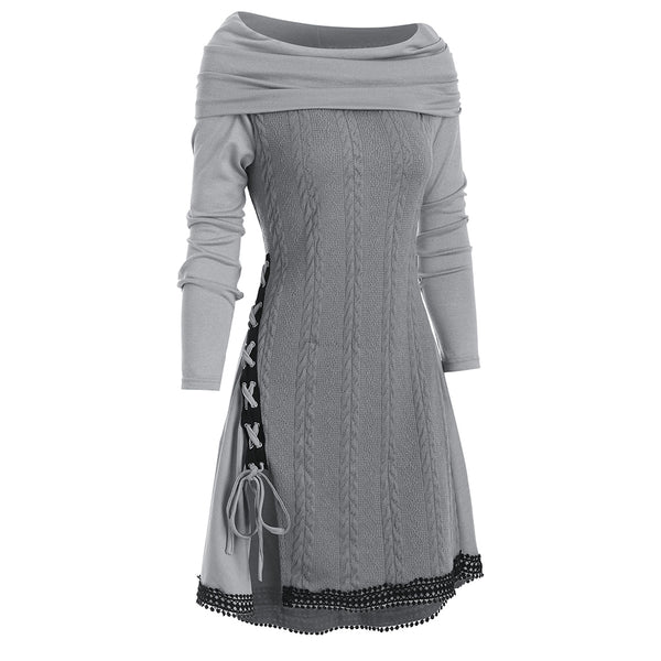 Cowl Neck Lace Up Guipure Panel Longline Knitwear