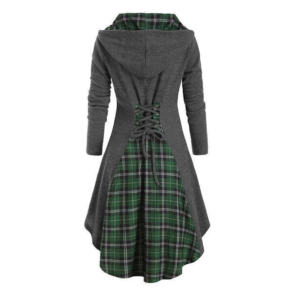 Plaid Hooded Horn Button Lace Up Dip Hem Cardigan