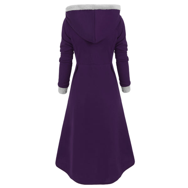 Snap Button Fur Trim Hooded High Low Coat