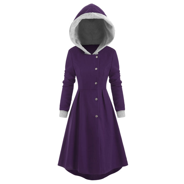 Snap Button Fur Trim Hooded High Low Coat