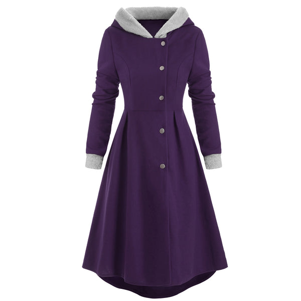 Snap Button Fur Trim Hooded High Low Coat