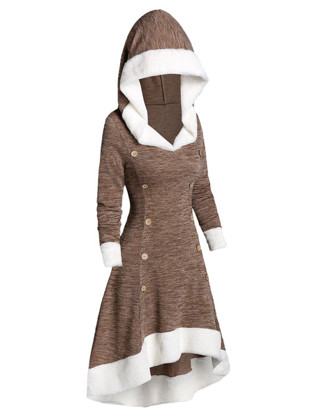 Hooded Faux Fur Trim Mock Button High Low Midi Dress
