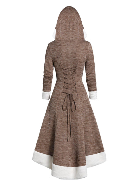 Hooded Faux Fur Trim Mock Button High Low Midi Dress