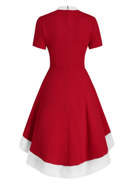 Christmas Bow Tie Collar Faux Fur Panel Dip Hem Dress